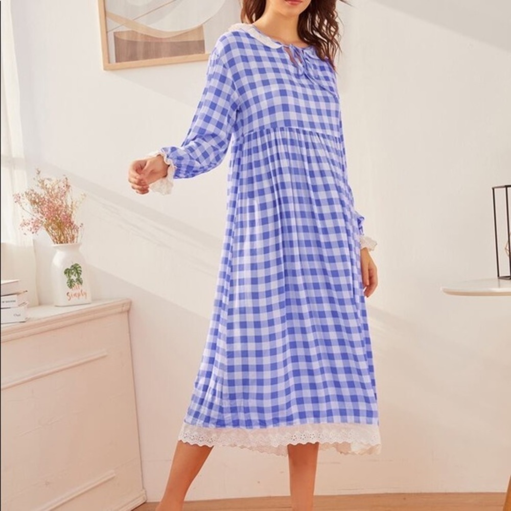 New Blue Plaid Vintage Lace Nightgown​ - Picture 4 of 5
